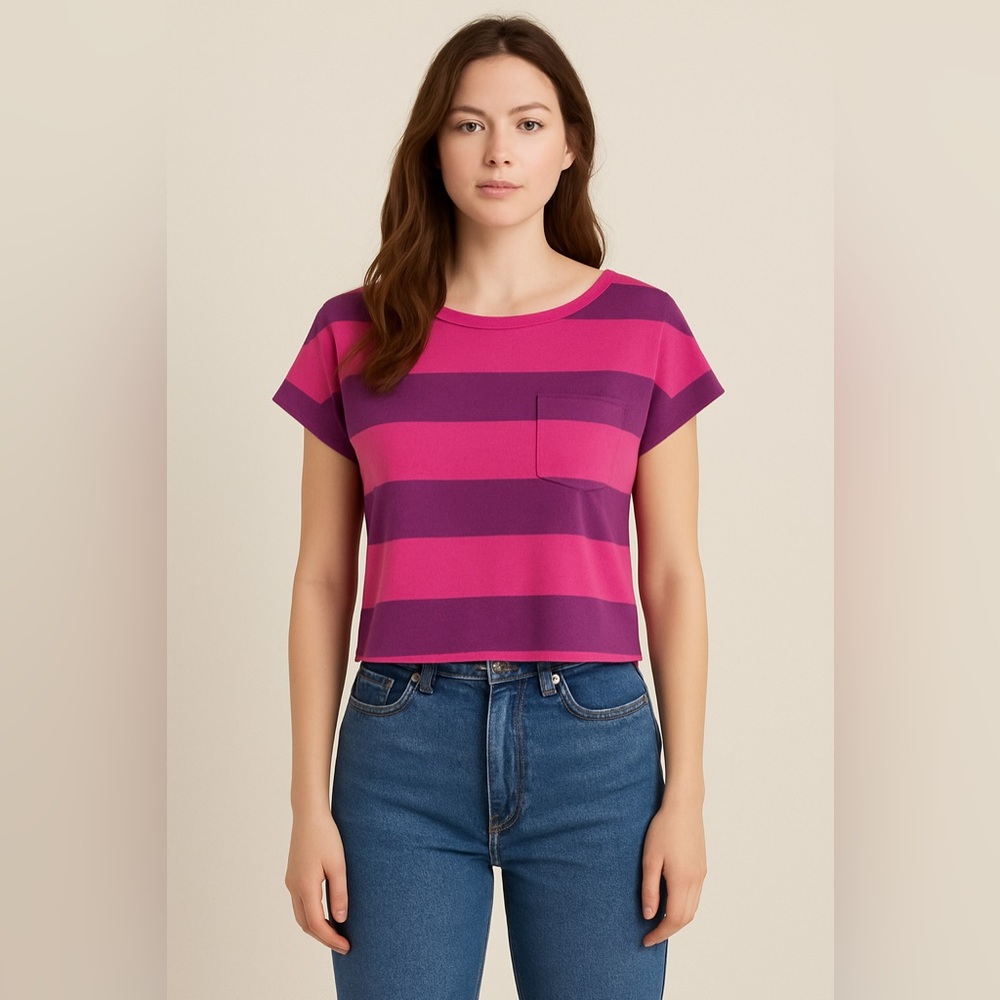 American Eagle | Pink & Purple Striped Featherlight Linen Blend T-Shirt - Small